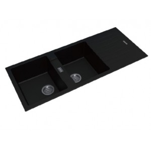 Aqu Black Granite Quartz Stone Kitchen Sink Double Bowls Drainboard